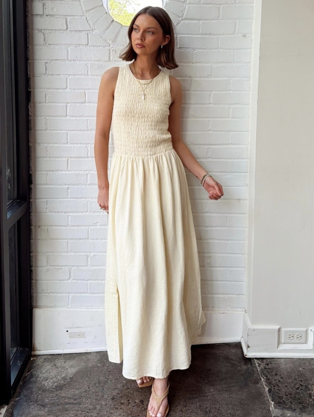 H&M SMOCKED JERSEY MAXI DRESS Yellow Size S - Picture 12 of 16